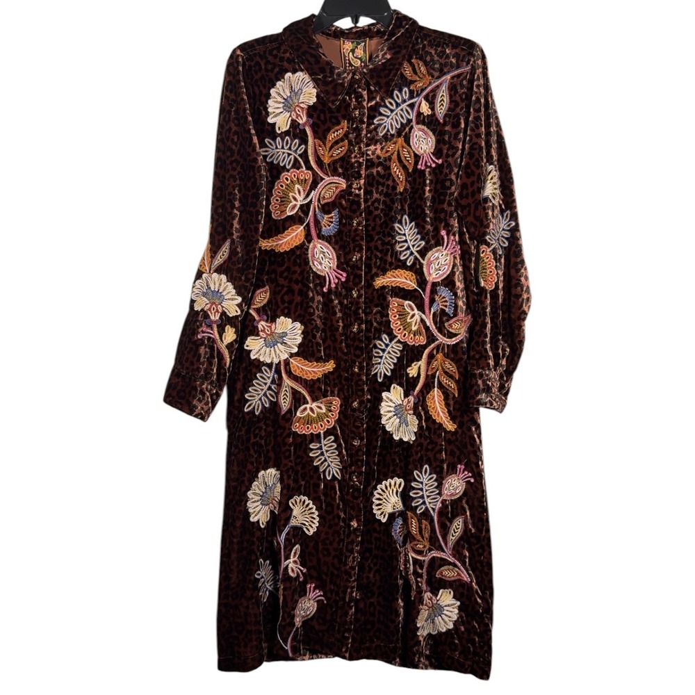 Johnny Was Small Gineva Brown Embroidered Velvet Shirt Dress Misty Leopard NWT